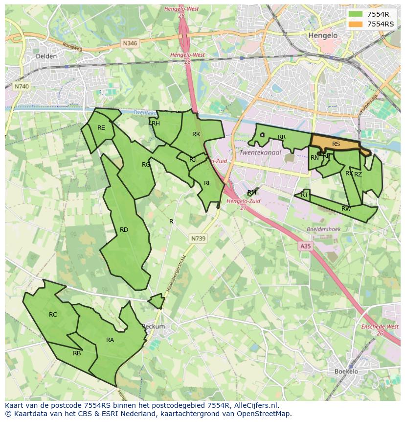Afbeelding van het postcodegebied 7554 RS op de kaart.