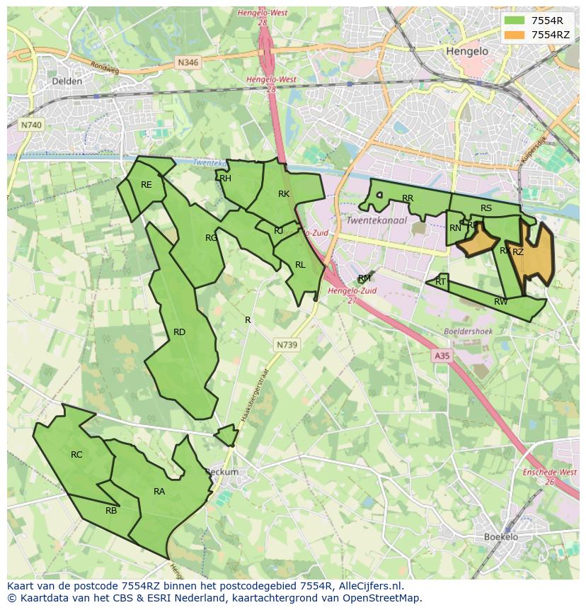 Afbeelding van het postcodegebied 7554 RZ op de kaart.