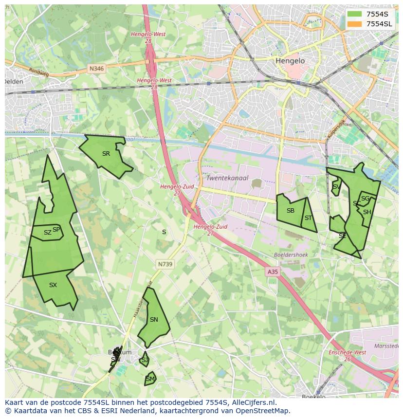 Afbeelding van het postcodegebied 7554 SL op de kaart.