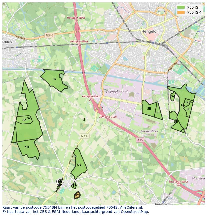 Afbeelding van het postcodegebied 7554 SM op de kaart.