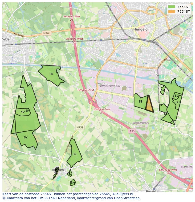 Afbeelding van het postcodegebied 7554 ST op de kaart.