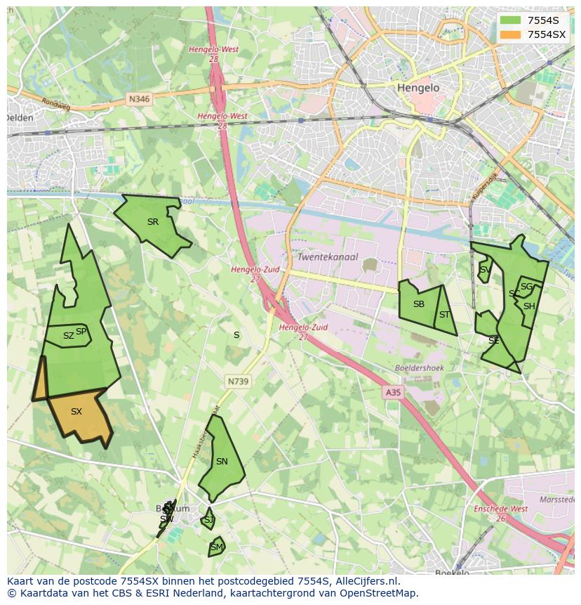 Afbeelding van het postcodegebied 7554 SX op de kaart.