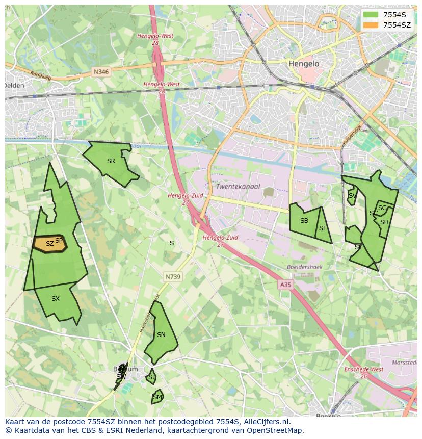 Afbeelding van het postcodegebied 7554 SZ op de kaart.