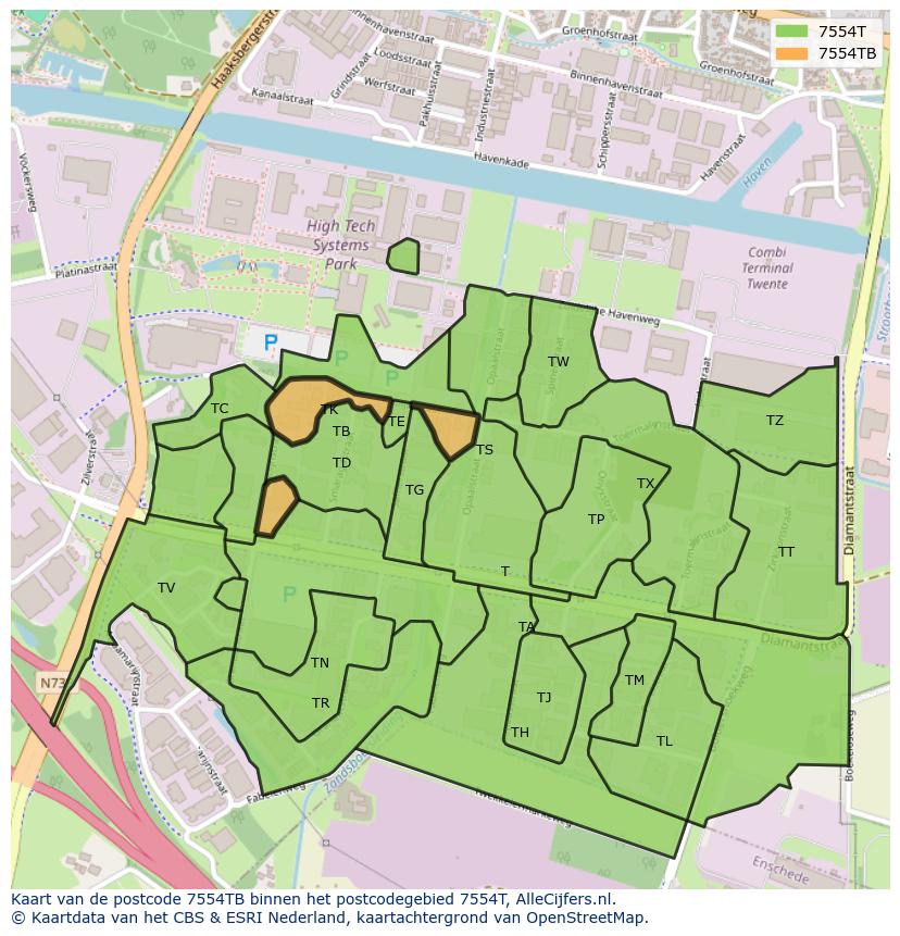 Afbeelding van het postcodegebied 7554 TB op de kaart.