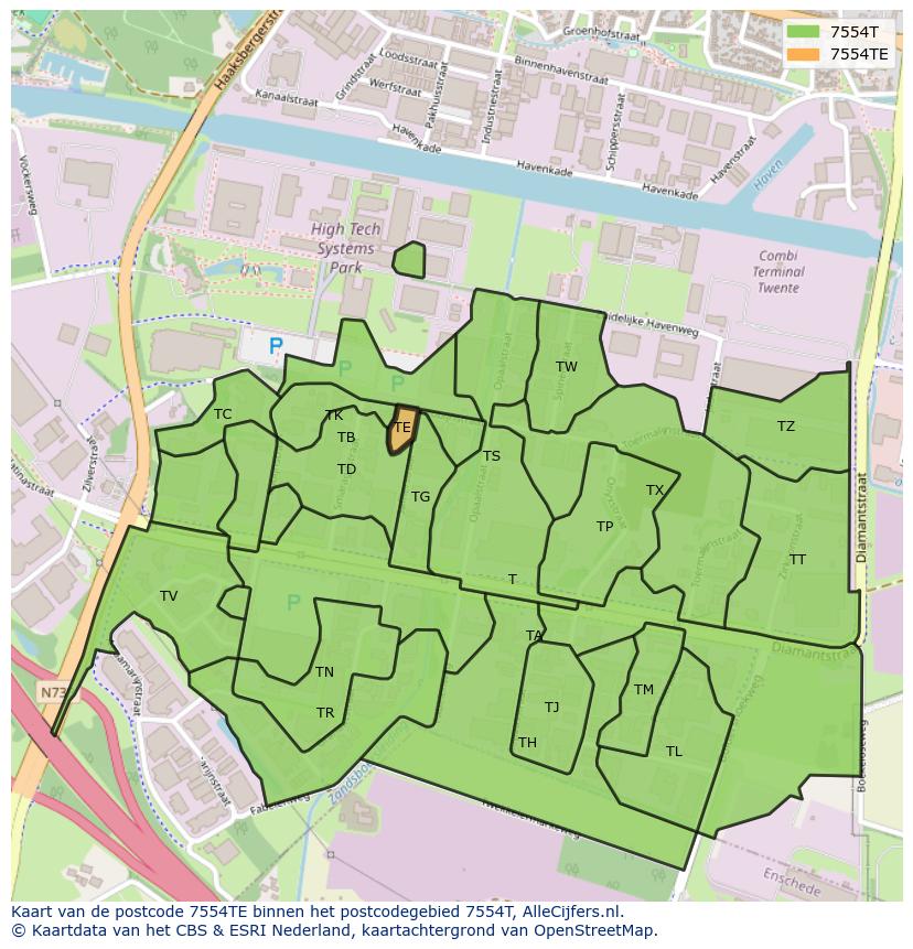 Afbeelding van het postcodegebied 7554 TE op de kaart.