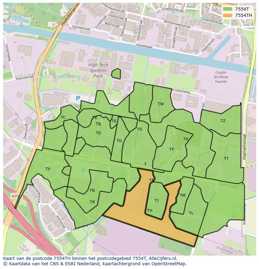Afbeelding van het postcodegebied 7554 TH op de kaart.