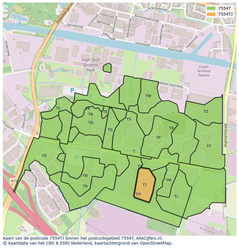 Afbeelding van het postcodegebied 7554 TJ op de kaart.