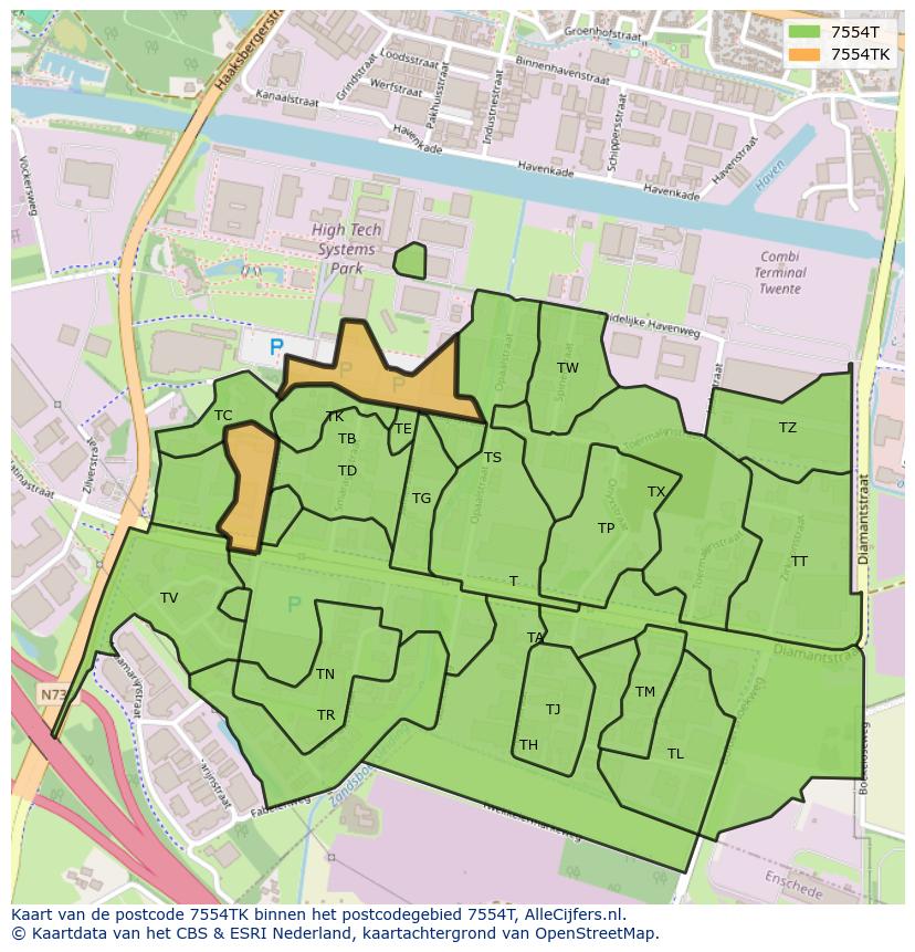 Afbeelding van het postcodegebied 7554 TK op de kaart.
