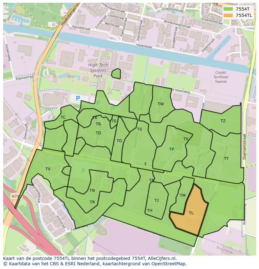 Afbeelding van het postcodegebied 7554 TL op de kaart.