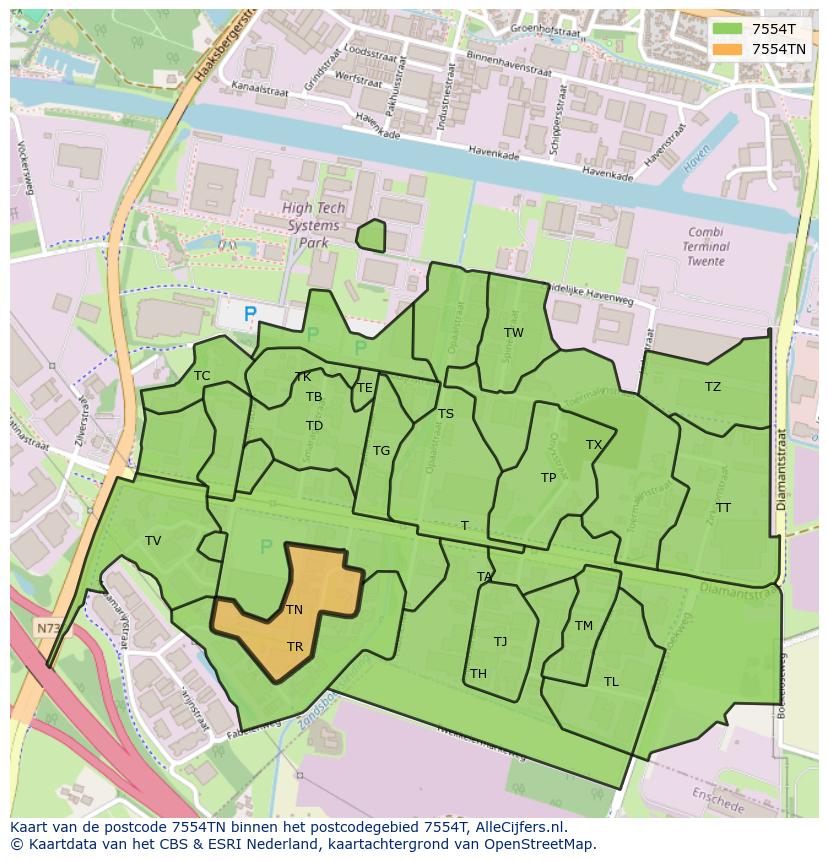 Afbeelding van het postcodegebied 7554 TN op de kaart.