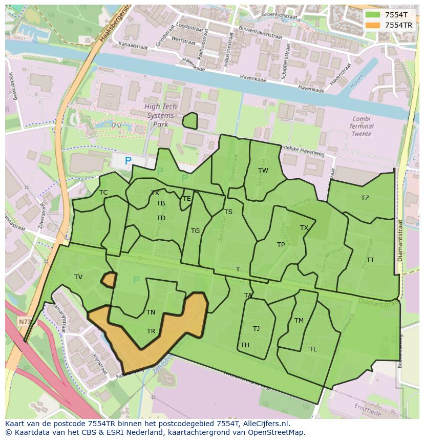 Afbeelding van het postcodegebied 7554 TR op de kaart.
