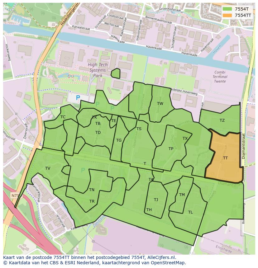 Afbeelding van het postcodegebied 7554 TT op de kaart.
