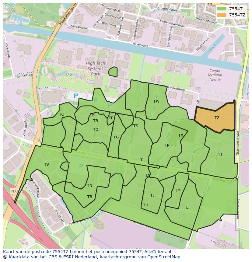 Afbeelding van het postcodegebied 7554 TZ op de kaart.