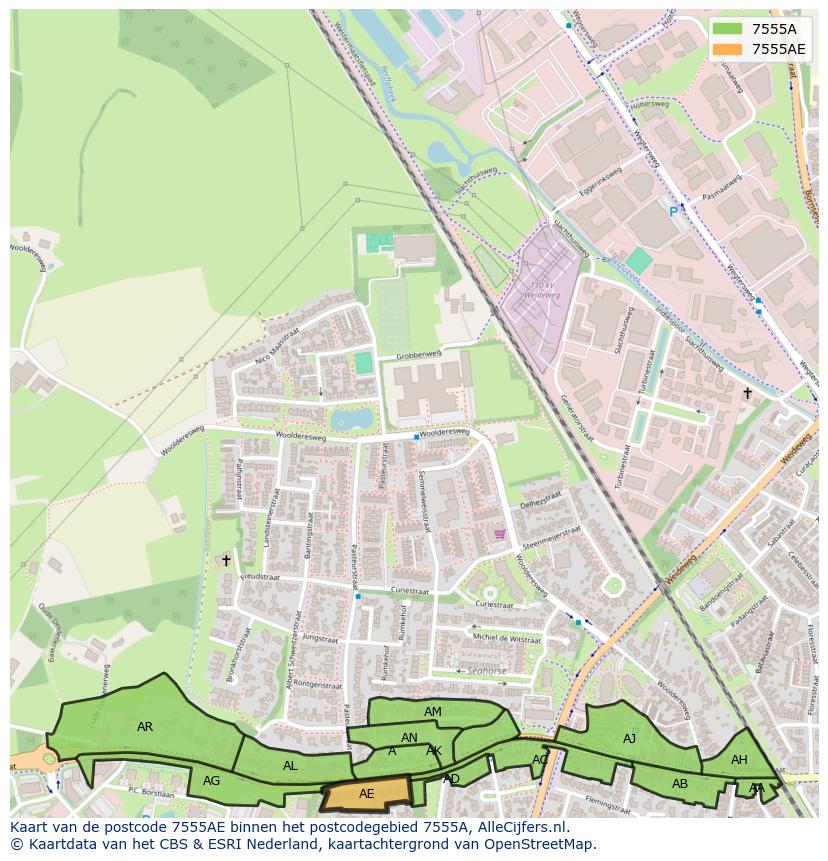 Afbeelding van het postcodegebied 7555 AE op de kaart.