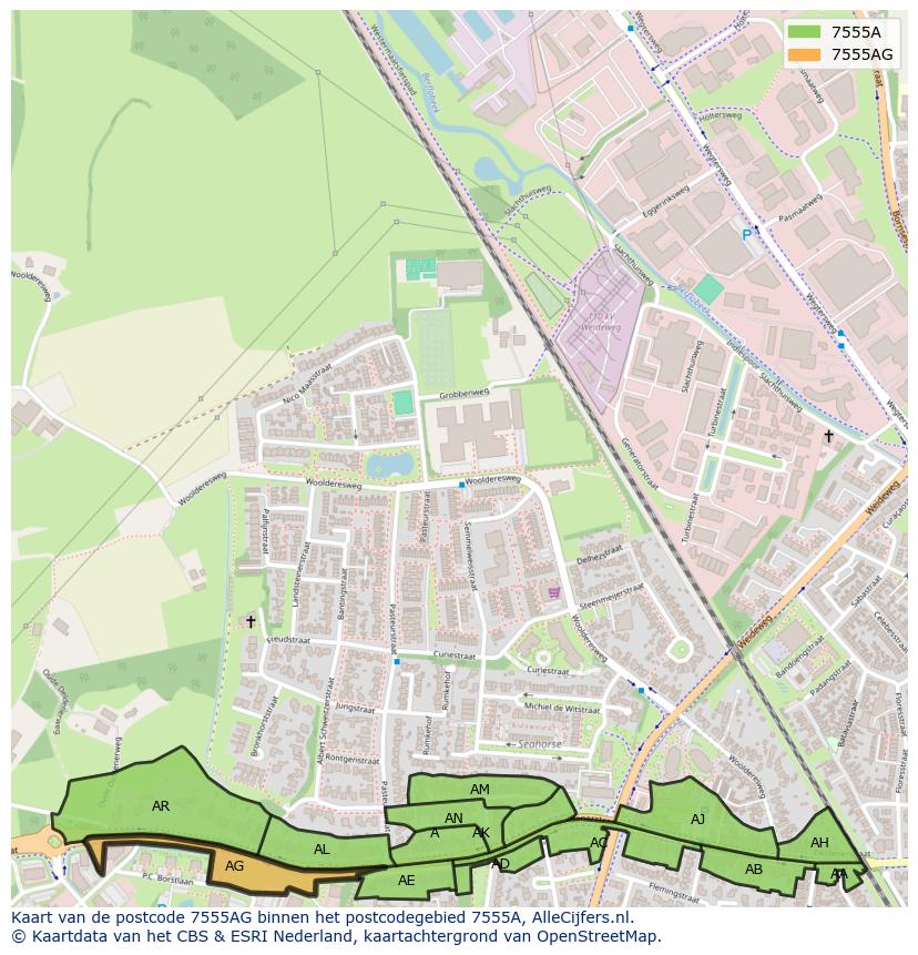 Afbeelding van het postcodegebied 7555 AG op de kaart.