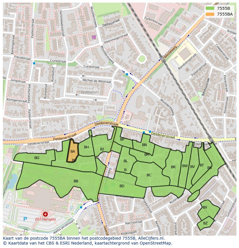Afbeelding van het postcodegebied 7555 BA op de kaart.