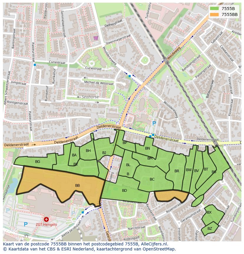 Afbeelding van het postcodegebied 7555 BB op de kaart.
