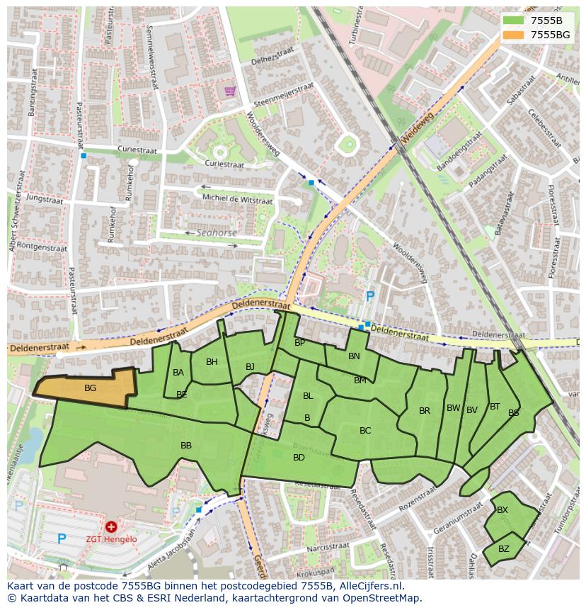 Afbeelding van het postcodegebied 7555 BG op de kaart.