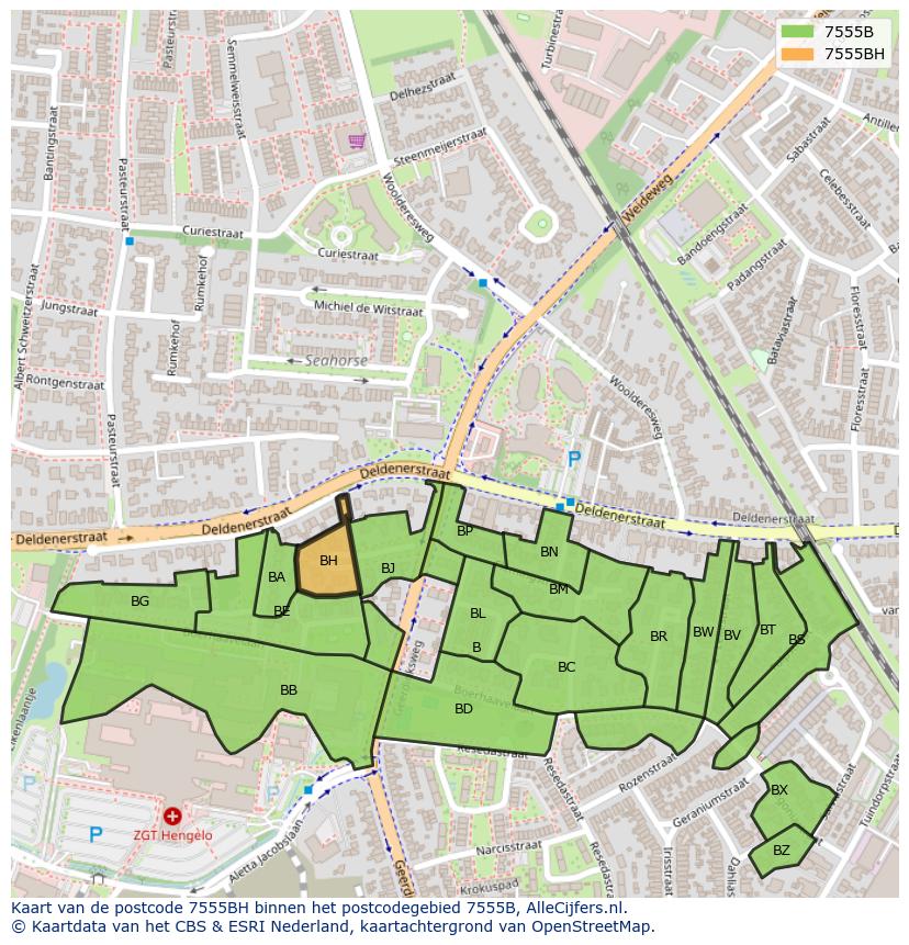 Afbeelding van het postcodegebied 7555 BH op de kaart.