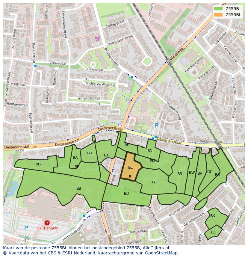 Afbeelding van het postcodegebied 7555 BL op de kaart.