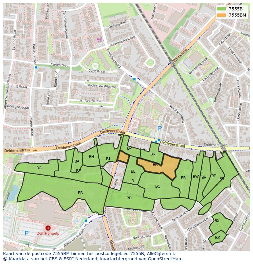 Afbeelding van het postcodegebied 7555 BM op de kaart.