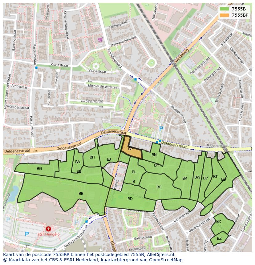 Afbeelding van het postcodegebied 7555 BP op de kaart.