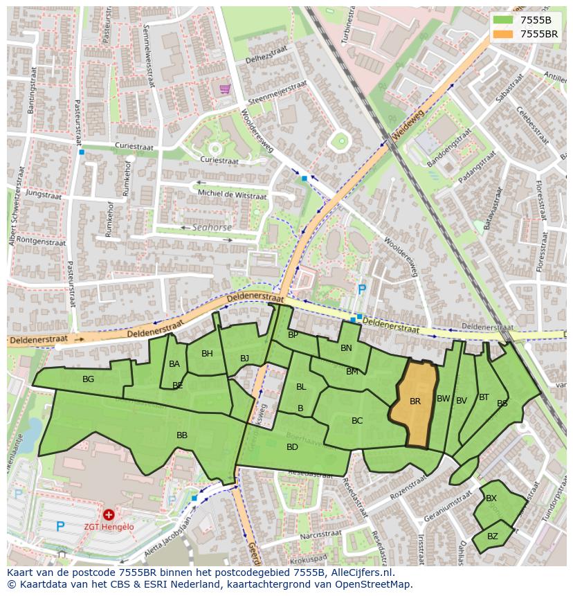 Afbeelding van het postcodegebied 7555 BR op de kaart.