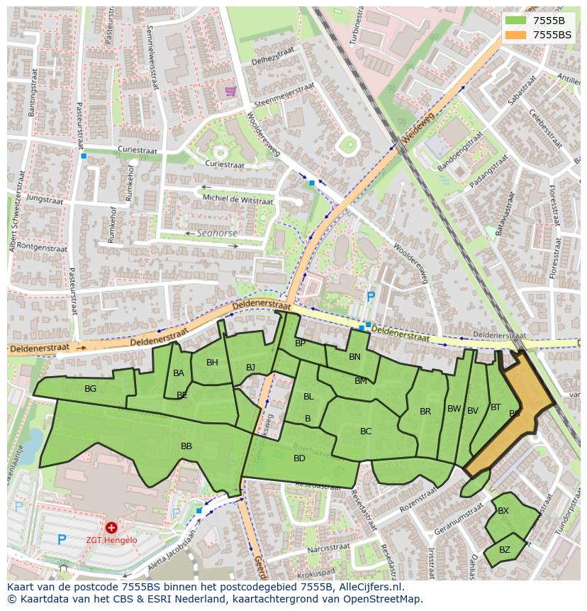 Afbeelding van het postcodegebied 7555 BS op de kaart.