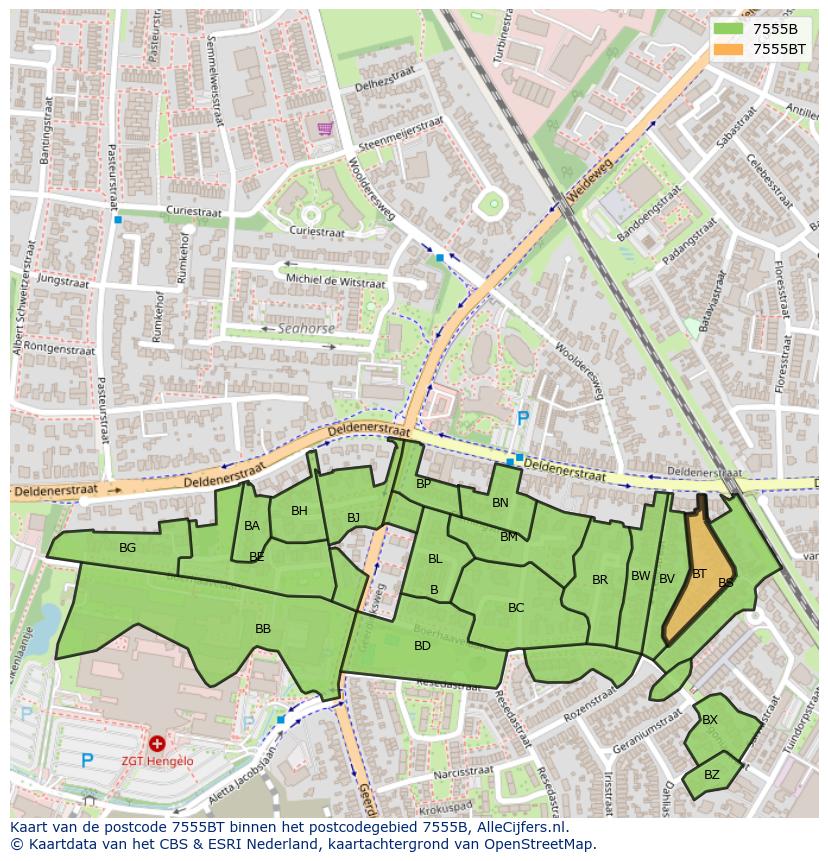 Afbeelding van het postcodegebied 7555 BT op de kaart.