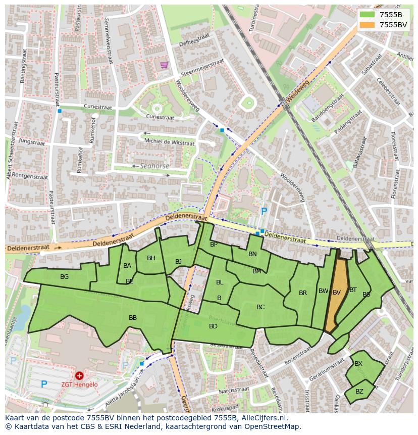 Afbeelding van het postcodegebied 7555 BV op de kaart.