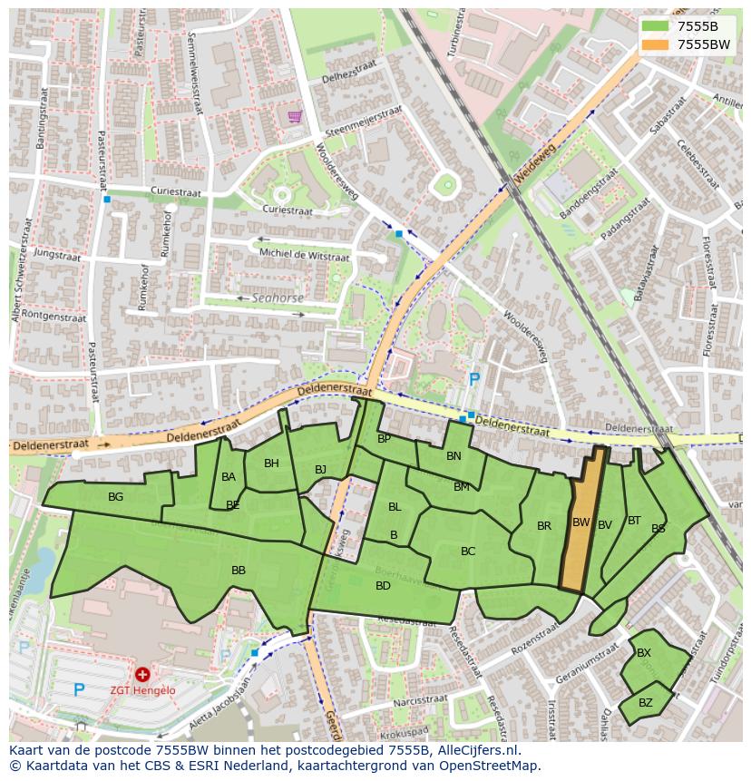 Afbeelding van het postcodegebied 7555 BW op de kaart.