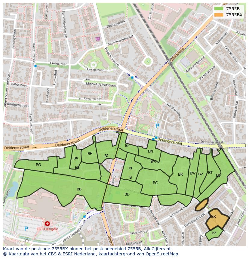 Afbeelding van het postcodegebied 7555 BX op de kaart.