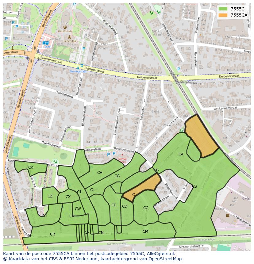 Afbeelding van het postcodegebied 7555 CA op de kaart.