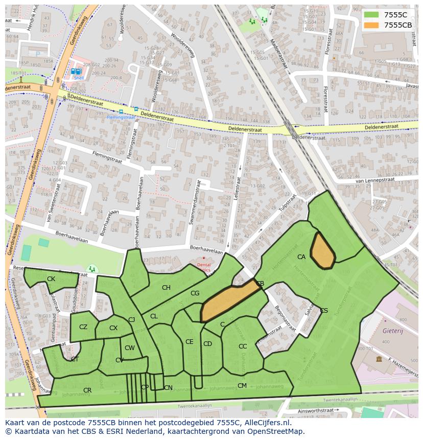 Afbeelding van het postcodegebied 7555 CB op de kaart.