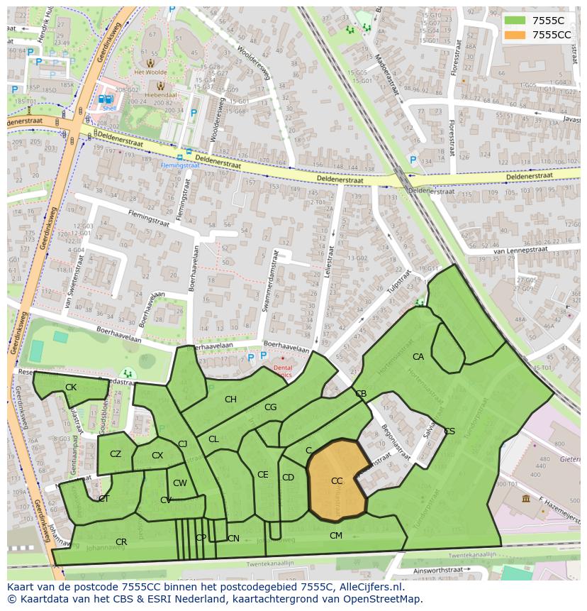 Afbeelding van het postcodegebied 7555 CC op de kaart.