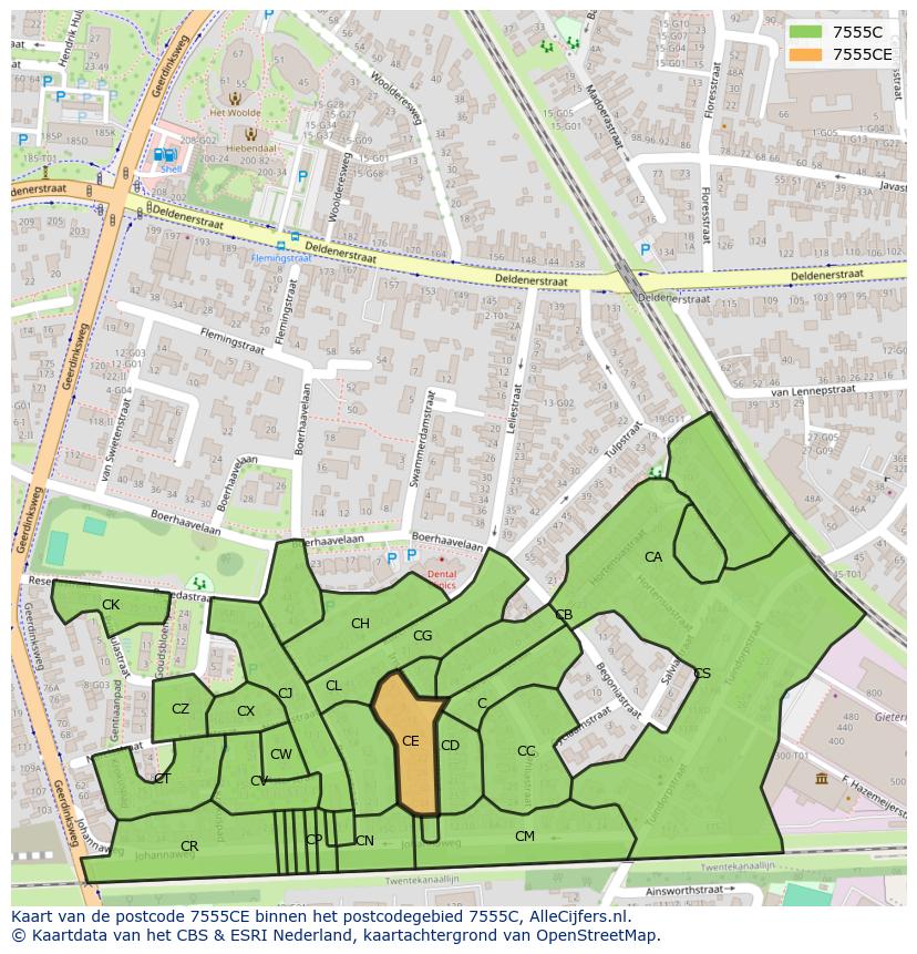 Afbeelding van het postcodegebied 7555 CE op de kaart.