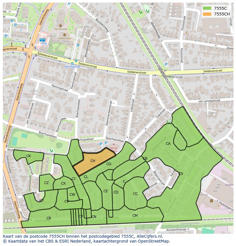 Afbeelding van het postcodegebied 7555 CH op de kaart.