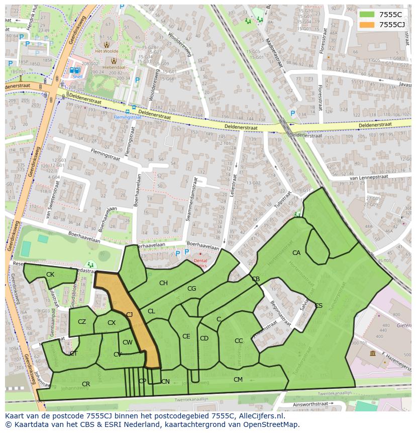 Afbeelding van het postcodegebied 7555 CJ op de kaart.
