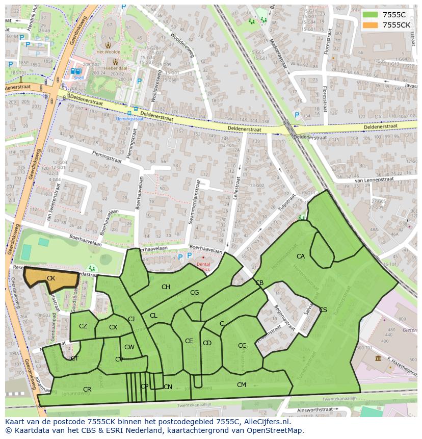 Afbeelding van het postcodegebied 7555 CK op de kaart.