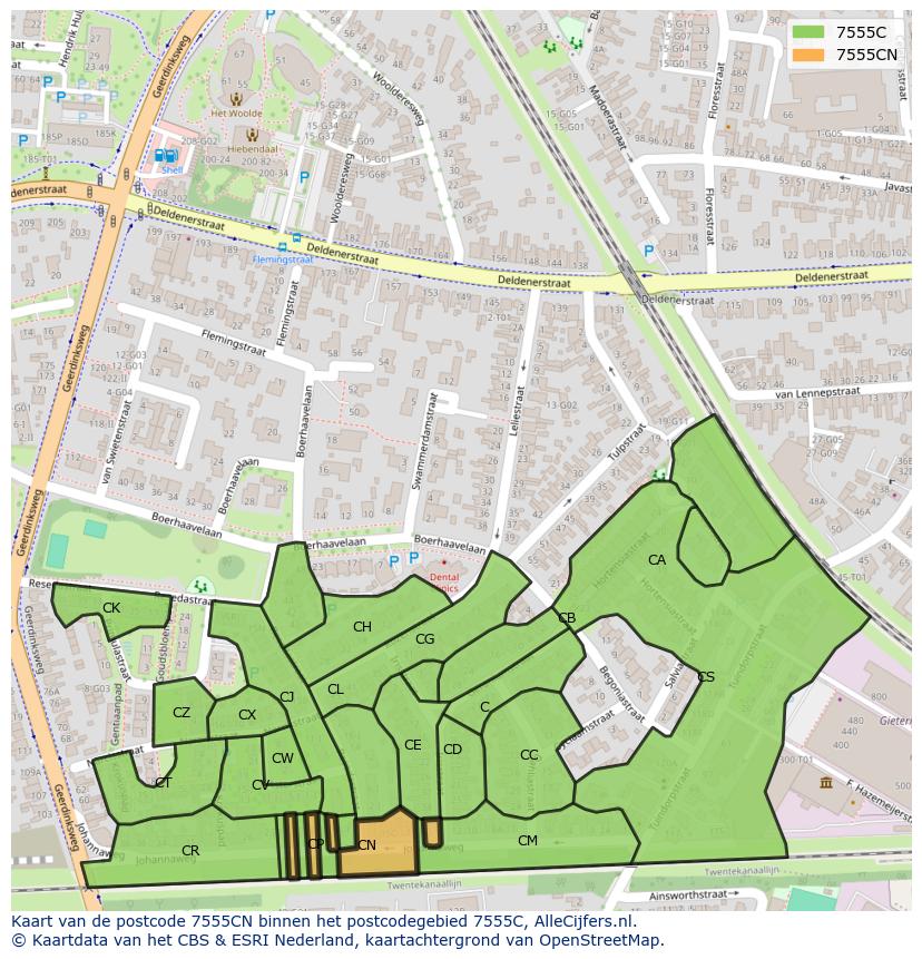 Afbeelding van het postcodegebied 7555 CN op de kaart.