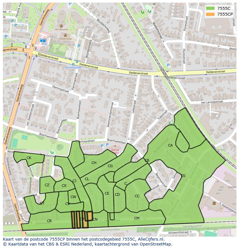 Afbeelding van het postcodegebied 7555 CP op de kaart.