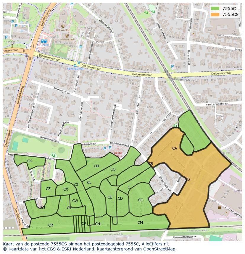 Afbeelding van het postcodegebied 7555 CS op de kaart.