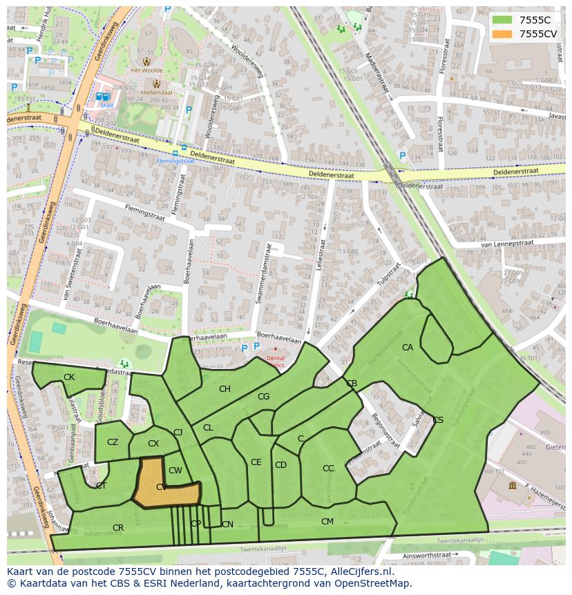 Afbeelding van het postcodegebied 7555 CV op de kaart.