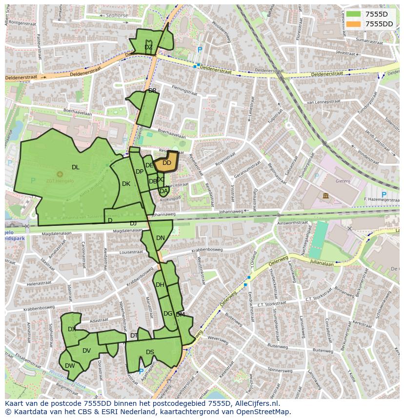Afbeelding van het postcodegebied 7555 DD op de kaart.
