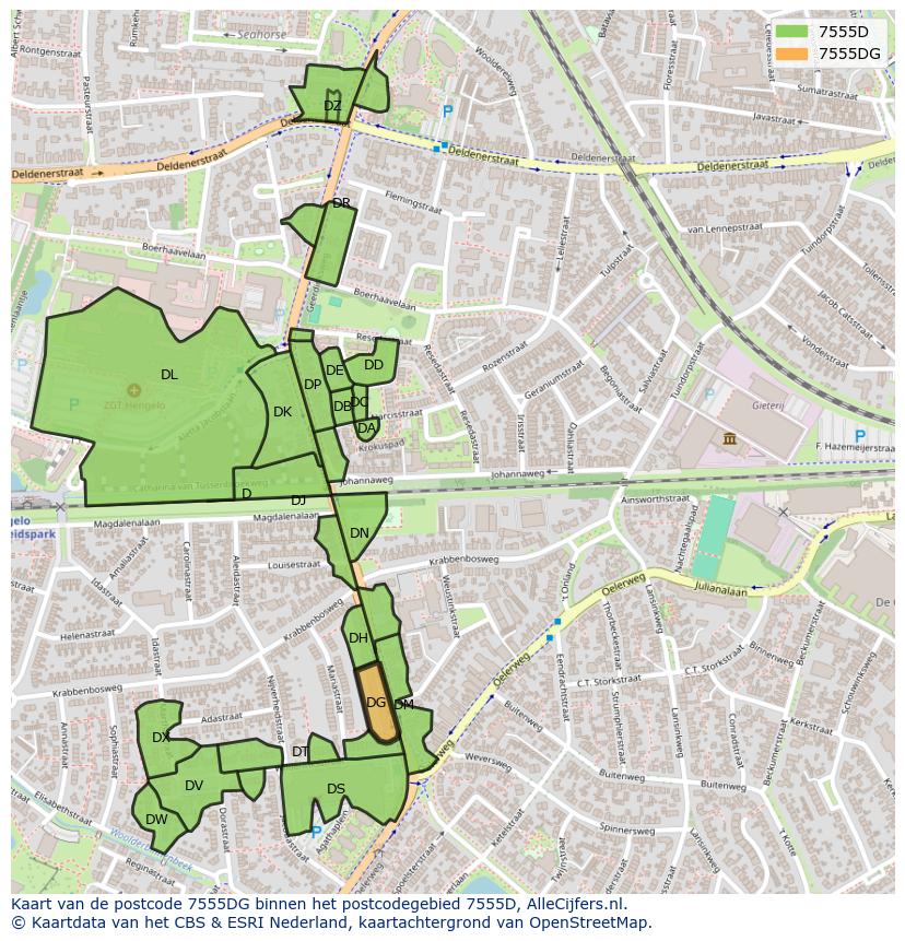 Afbeelding van het postcodegebied 7555 DG op de kaart.