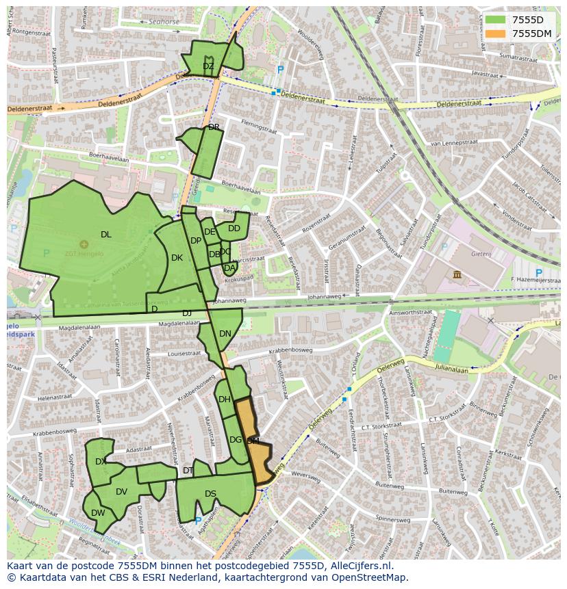Afbeelding van het postcodegebied 7555 DM op de kaart.