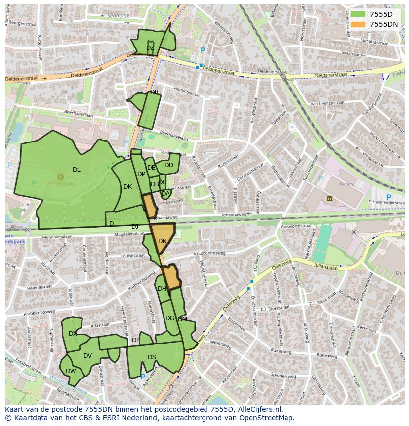 Afbeelding van het postcodegebied 7555 DN op de kaart.