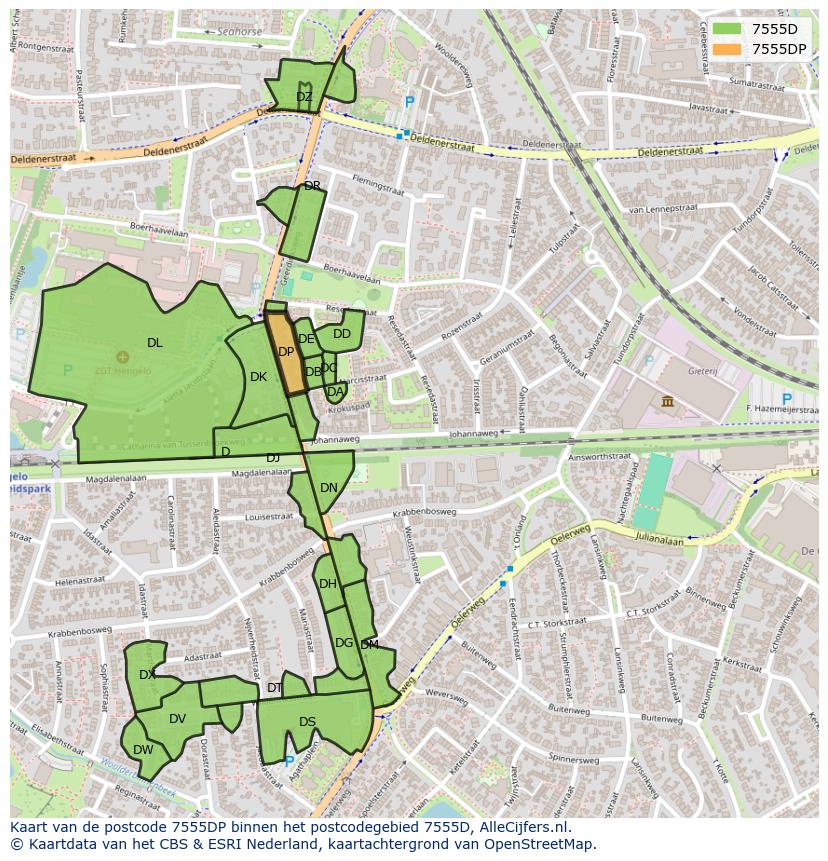 Afbeelding van het postcodegebied 7555 DP op de kaart.