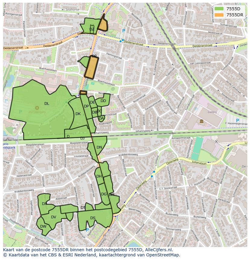 Afbeelding van het postcodegebied 7555 DR op de kaart.
