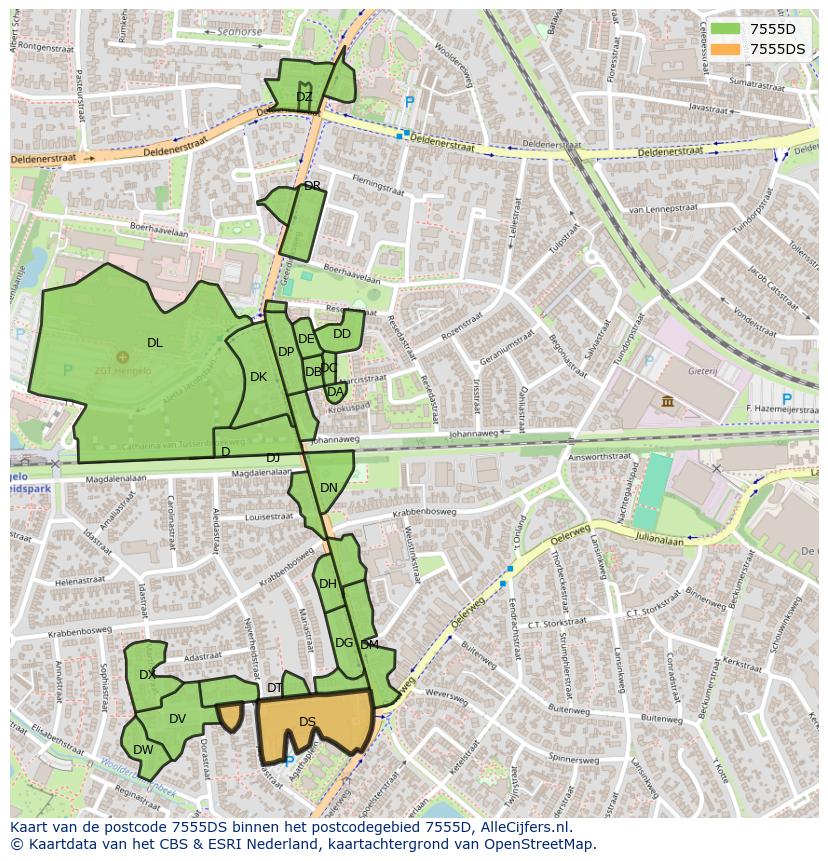 Afbeelding van het postcodegebied 7555 DS op de kaart.